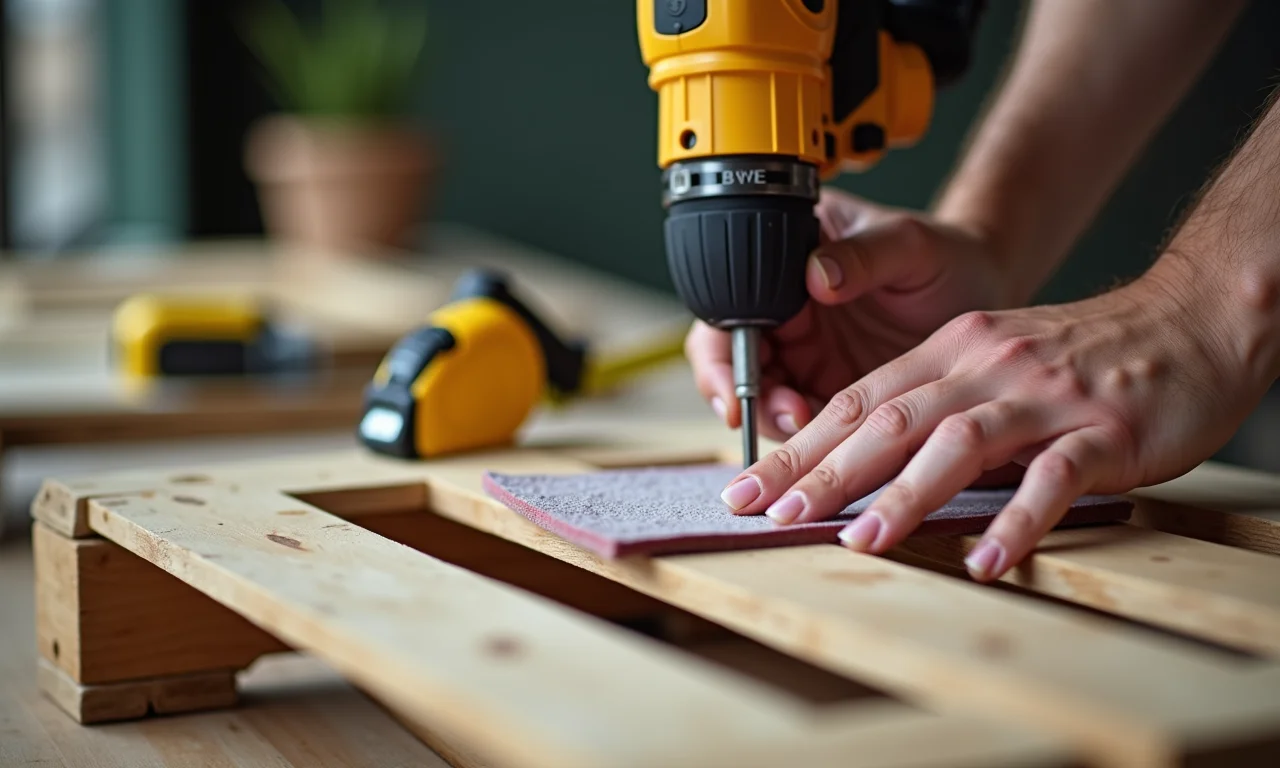 Preparando os materiais para construir um sofá de palete: paletes, parafusadeira, lixa e mais.