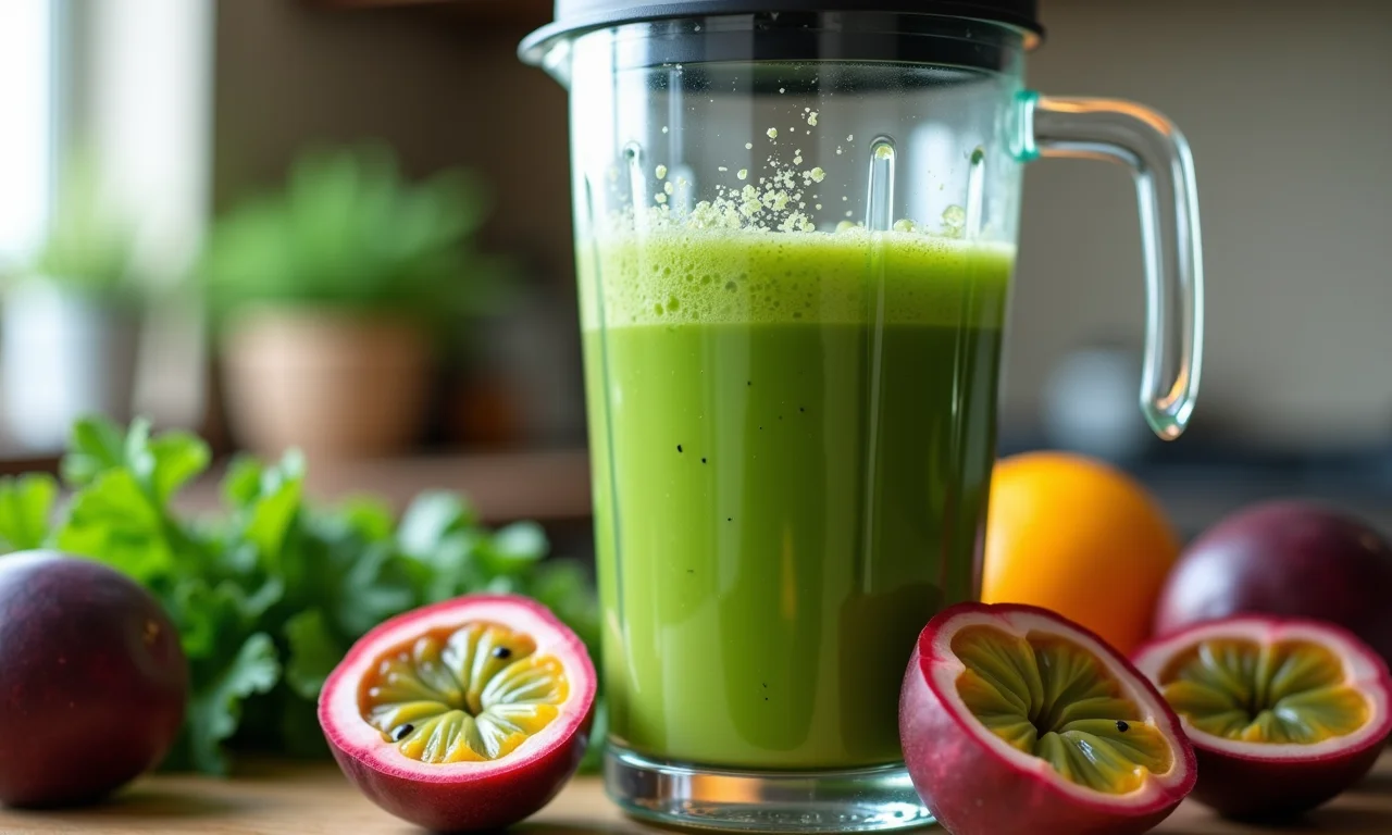 Preparo de suco detox de maracujá com couve.
