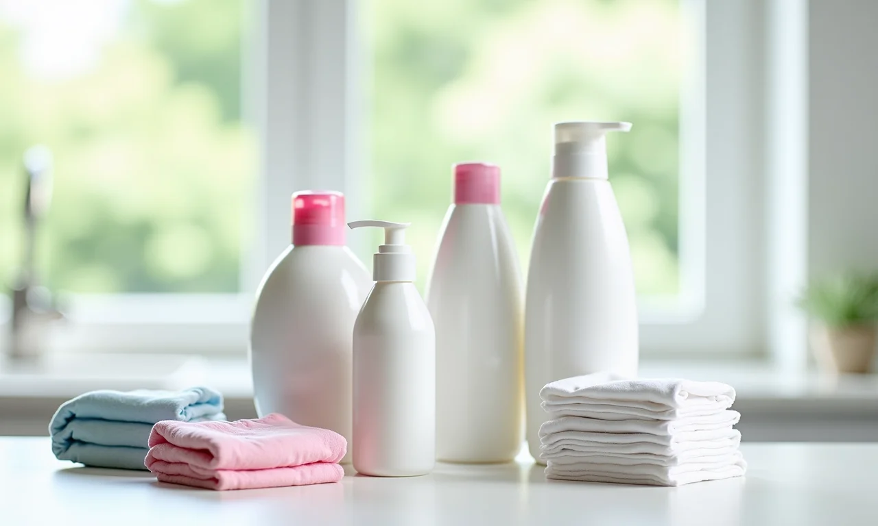 Produtos de limpeza suaves ao lado de calcinhas absorventes.