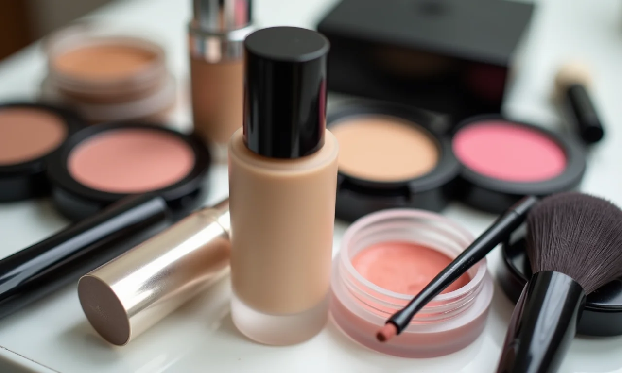 Produtos de maquiagem de alta qualidade dispostos artisticamente em uma penteadeira.