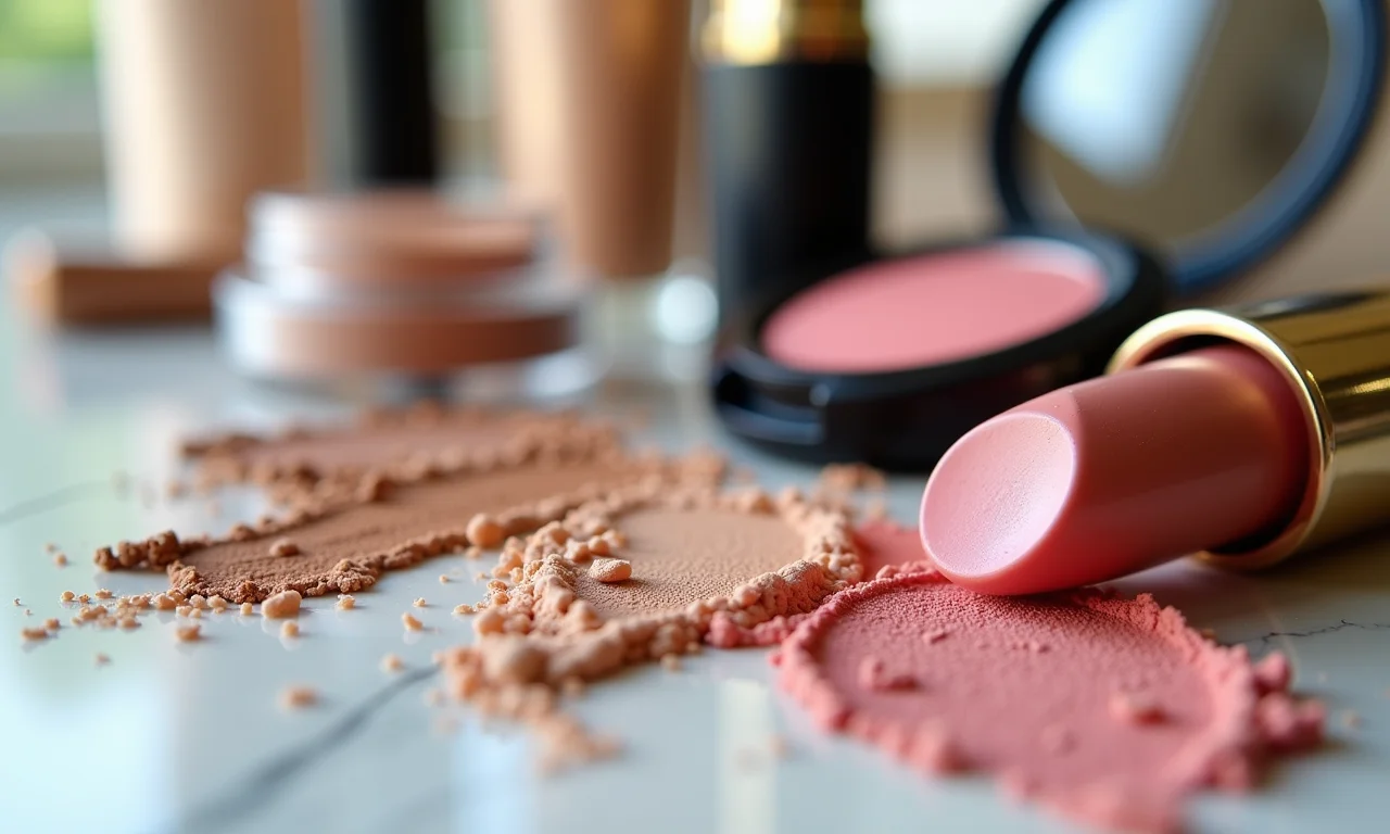 Produtos de maquiagem em tons neutros dispostos artisticamente em uma penteadeira.