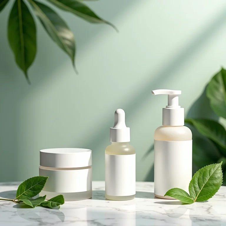 Produtos de skincare veganos com folhagens verdes