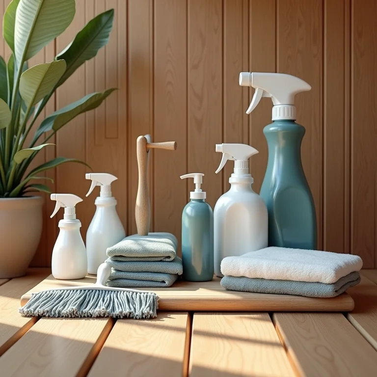 Produtos e ferramentas para limpeza e manutenção de assoalho naval.