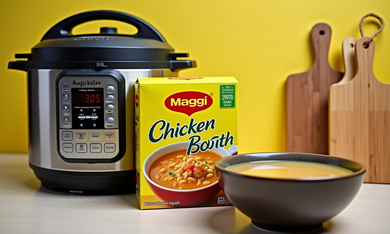 Produtos que auxiliam no preparo da sopa: caldo Maggi, panela de pressão elétrica e tábua de bambu.