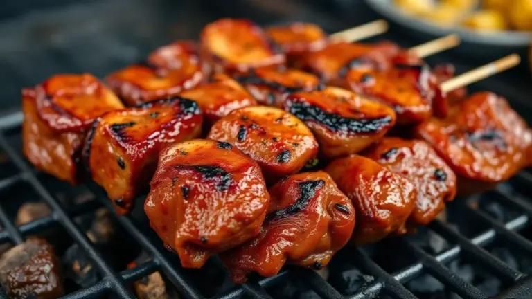 Espetinhos de churrasco suculentos grelhando, com cores vibrantes e detalhes da carne.