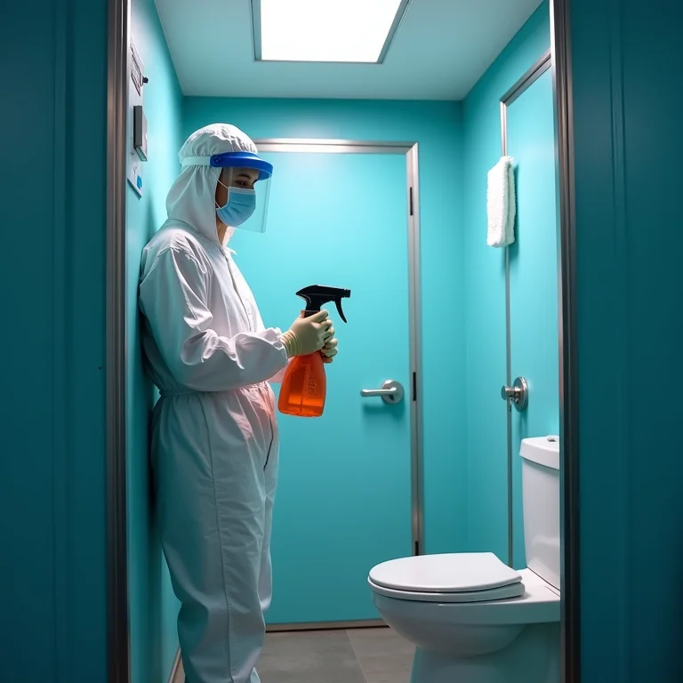 Profissional de limpeza higienizando o interior de um banheiro químico