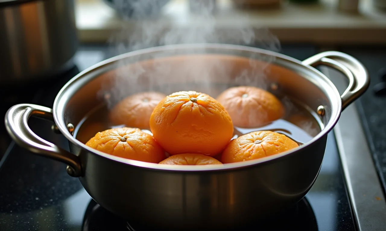 Pupunha cozinhando em panela com água, método tradicional de preparo.