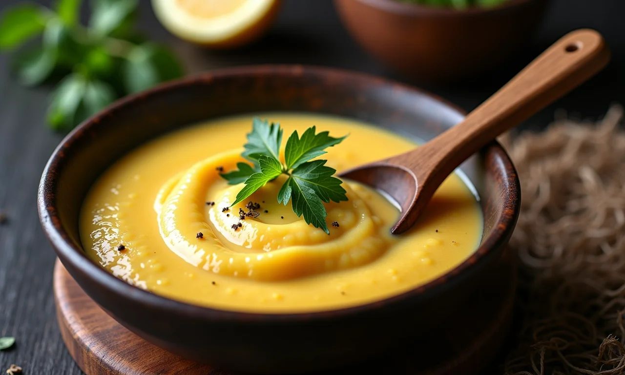 Purê cremoso de pupunha em tigela, decorado com ervas frescas.