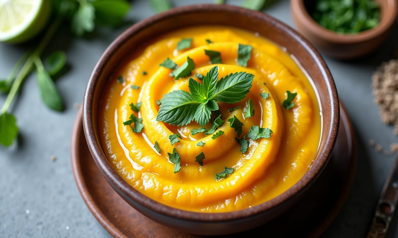 Purê de cará com ervas frescas em uma tigela.