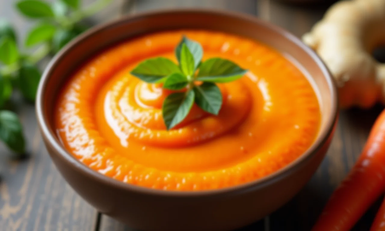 Purê de cenoura cremoso com gengibre servido em tigela.