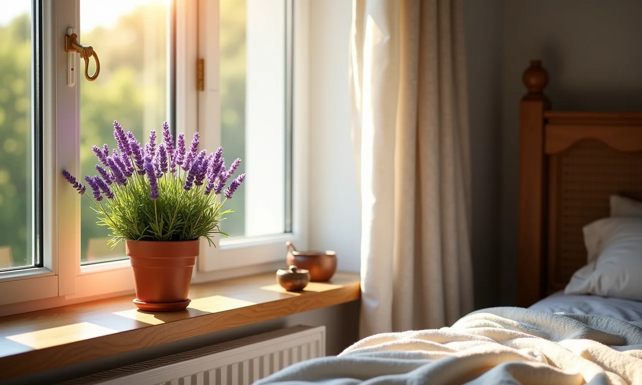 Quarto aconchegante com lavanda na janela, luz solar suave.