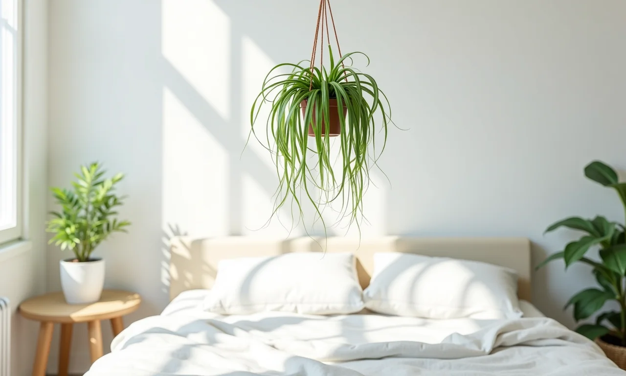 Quarto com clorofito, purificação do ar e bem-estar.