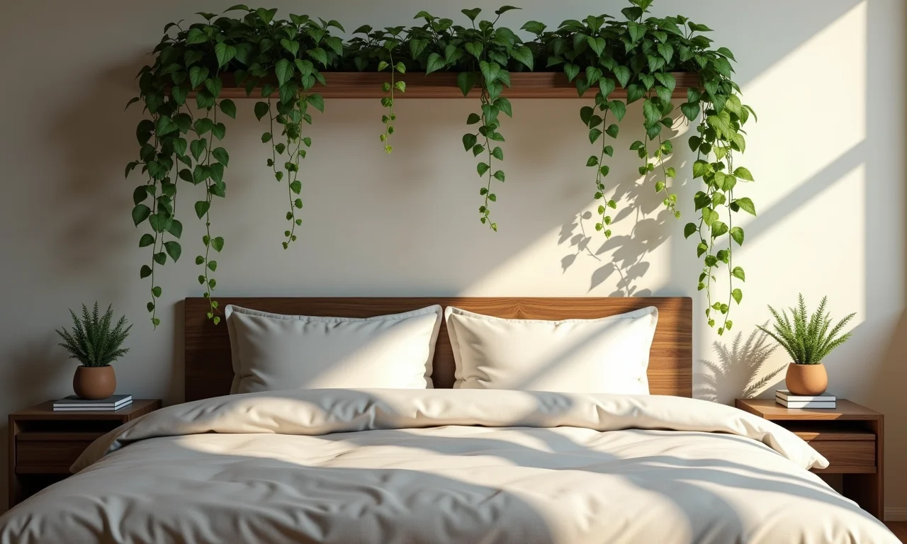 Quarto com hera inglesa, elegância e frescor.