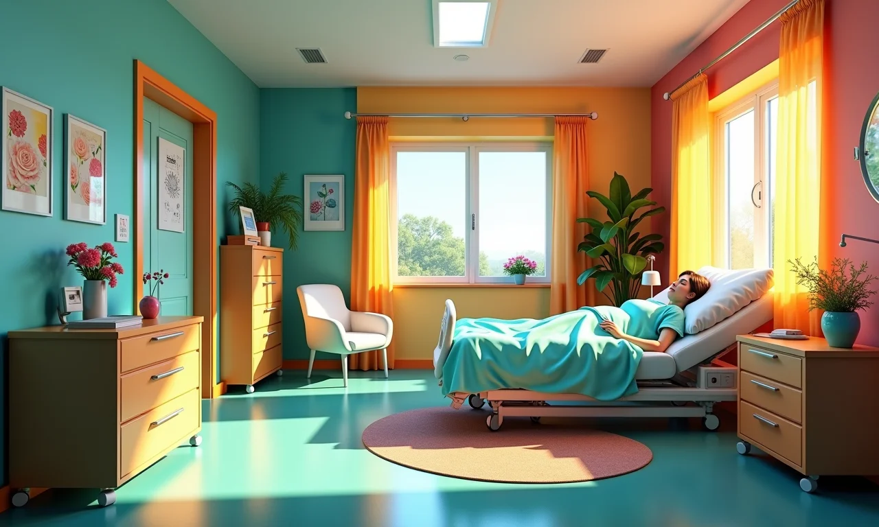 Quarto de hospital com decoração aconchegante.