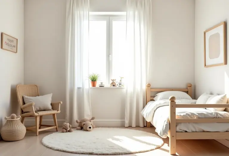Quarto infantil compartilhado com decoração clean e organizada