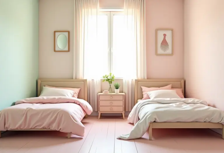Quarto infantil compartilhado com decoração individualizada e cores suaves