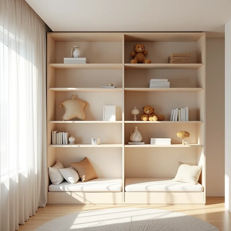 Quarto infantil compartilhado com espaços delimitados por estante