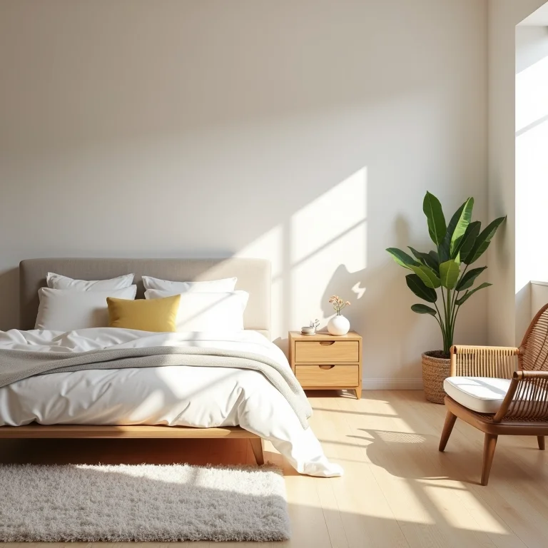 Quarto minimalista com assoalho de eucalipto claro