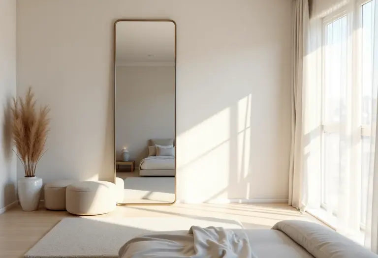 Quarto moderno com espelho de corpo inteiro refletindo a decoração.