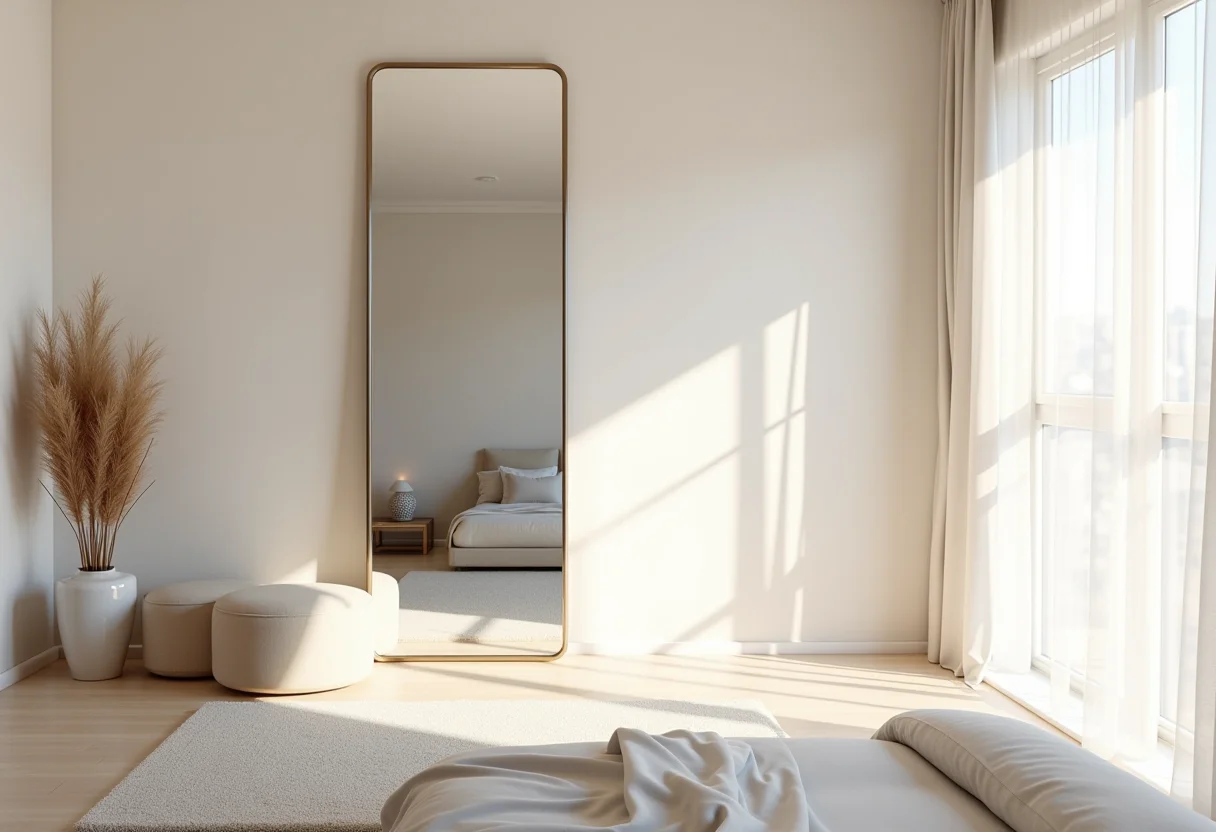 Espelho de corpo inteiro: o segredo para um look impecável Quarto moderno com espelho de corpo inteiro refletindo a decoração.