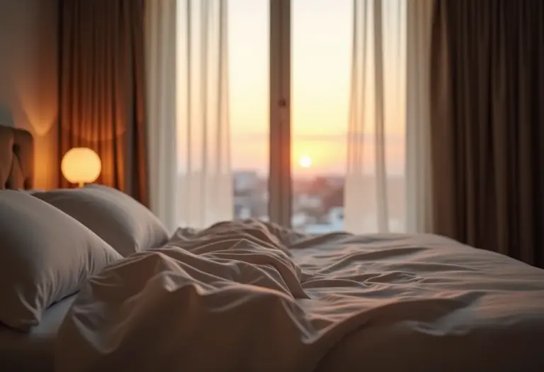 Quarto sereno com cama convidativa para uma noite de sono tranquila