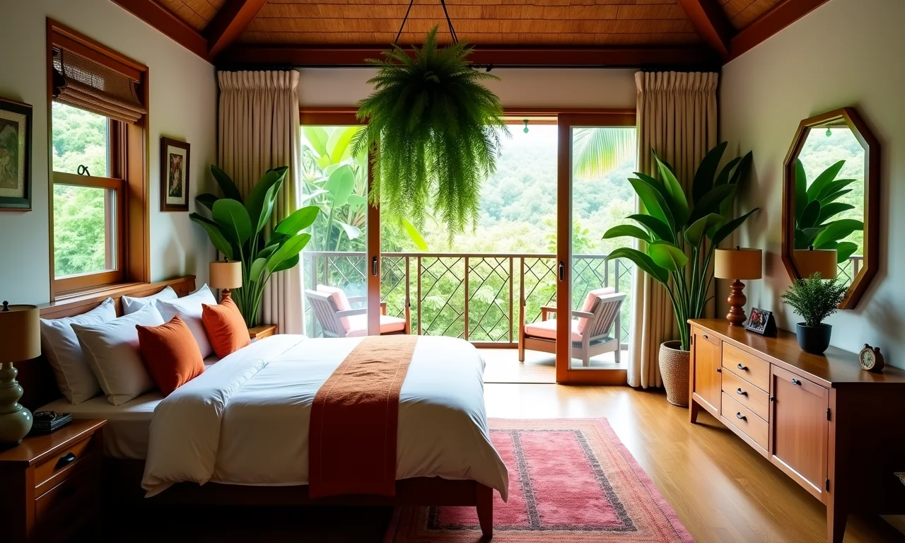 Quarto tropical com samambaia, toque natural e fresco.