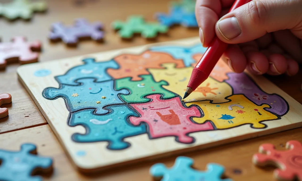 Quebra-cabeça de palito de picolé com desenhos e pinturas.