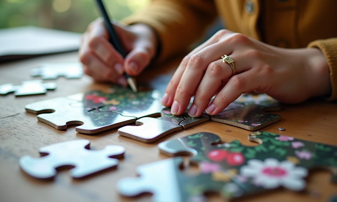 Quebra-cabeça de palito de picolé com fotos de revistas.