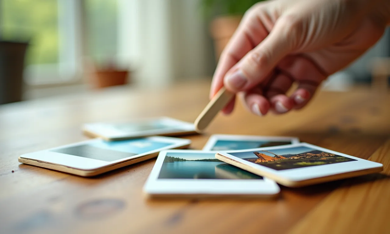 Quebra-cabeça de palito de picolé com fotos Polaroid.