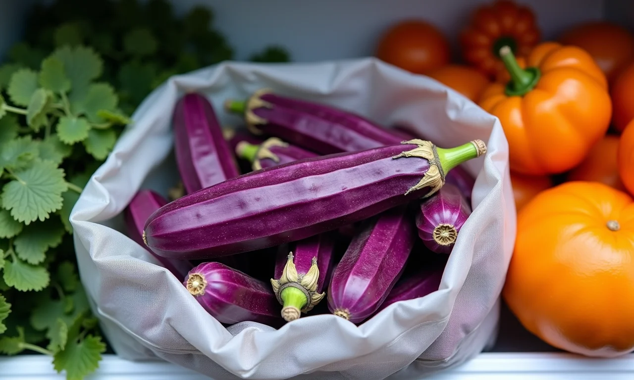 Quiabo-roxo armazenado na geladeira em saco plástico.