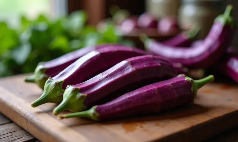 Quiabo-roxo fresco em cozinha rústica brasileira.