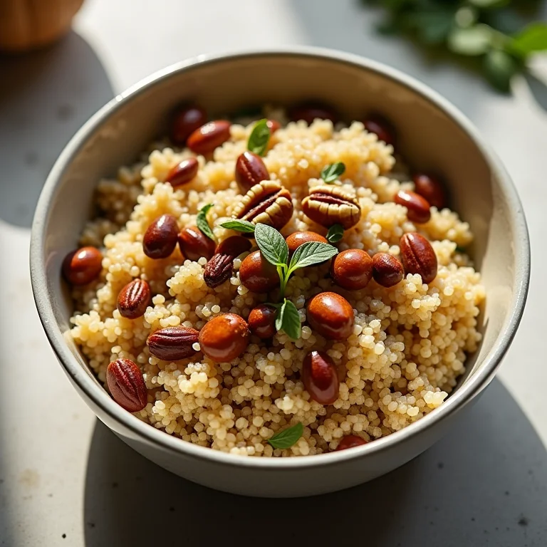 Quinoa cozida com castanhas e sementes.