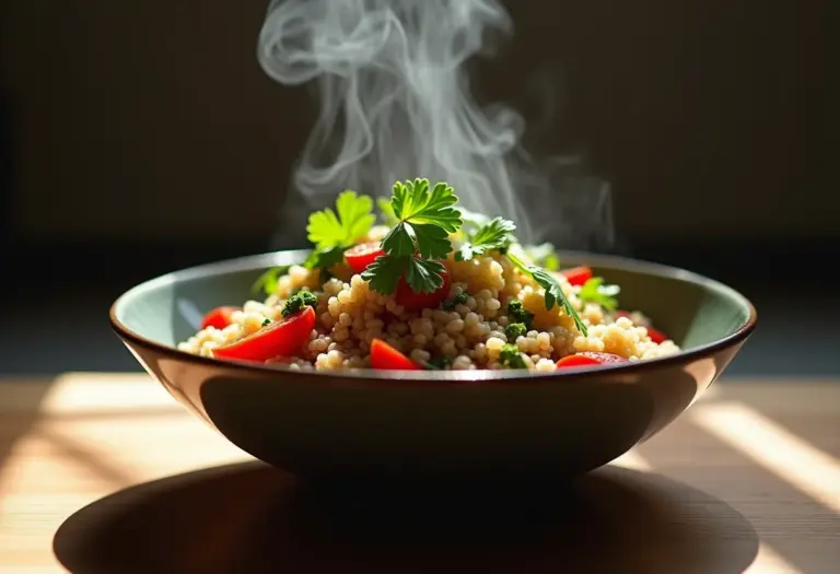 Quinoa cozida com ervas frescas e legumes, pronta para servir.