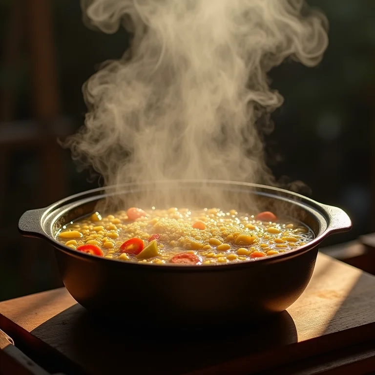 Quinoa cozinhando em caldo de legumes.