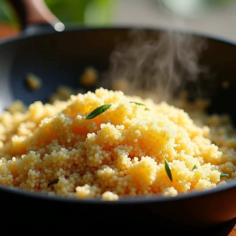 Quinoa sendo refogada em uma panela com alho e azeite.