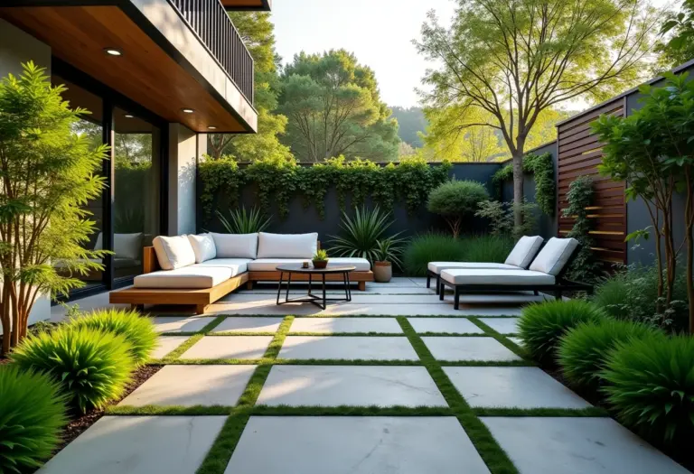 Quintal moderno com piso drenante e mobiliário de exterior.