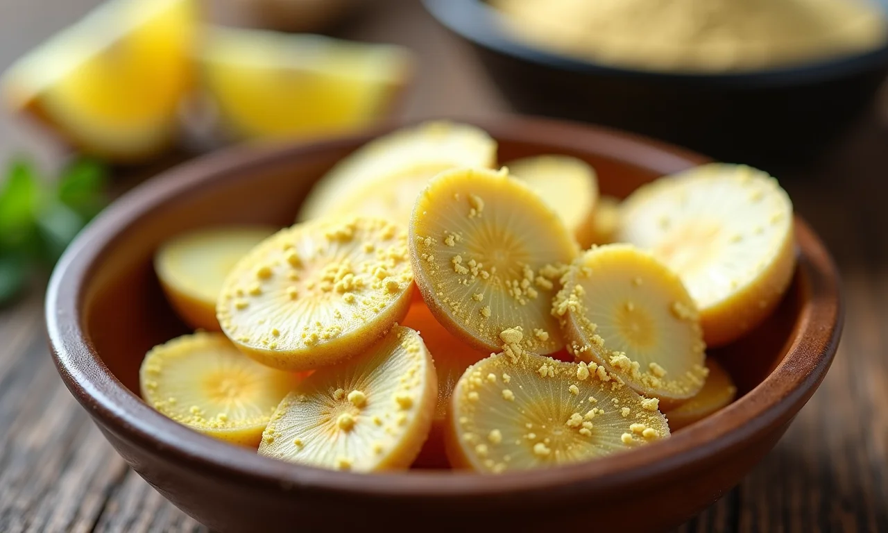 Raiz de gengibre fatiada e pó de gengibre em tigela de cerâmica, sob luz natural.