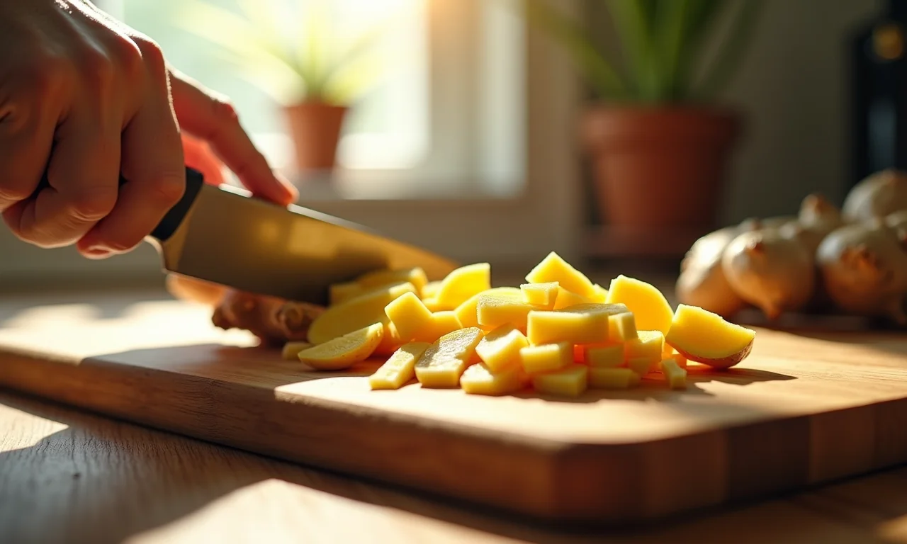 Raiz de gengibre fresco sendo fatiada.