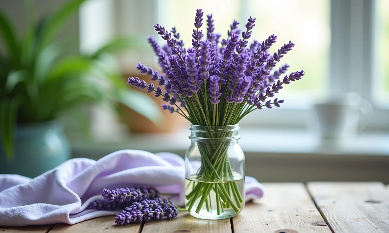 Ramos de lavanda aromática em um pote de vidro.