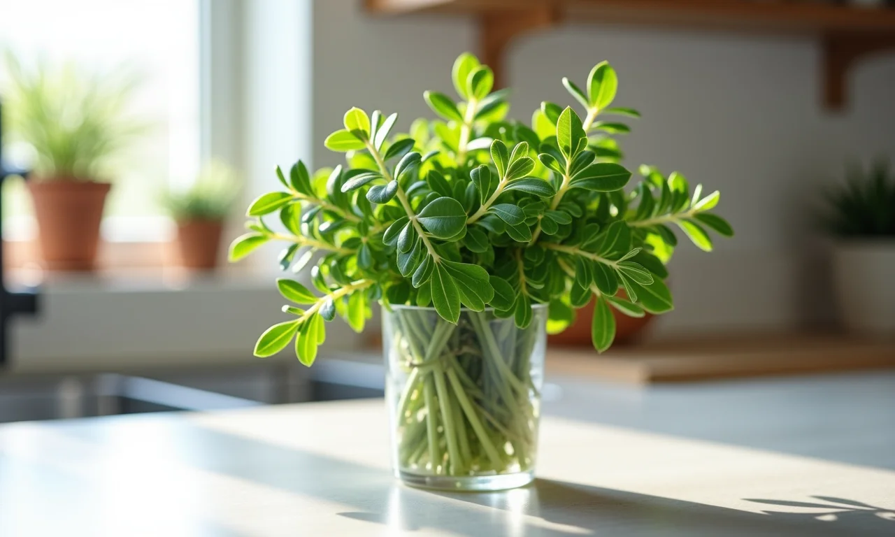 Ramos frescos de orégano em um pequeno vaso sobre balcão de cozinha, com luz natural.