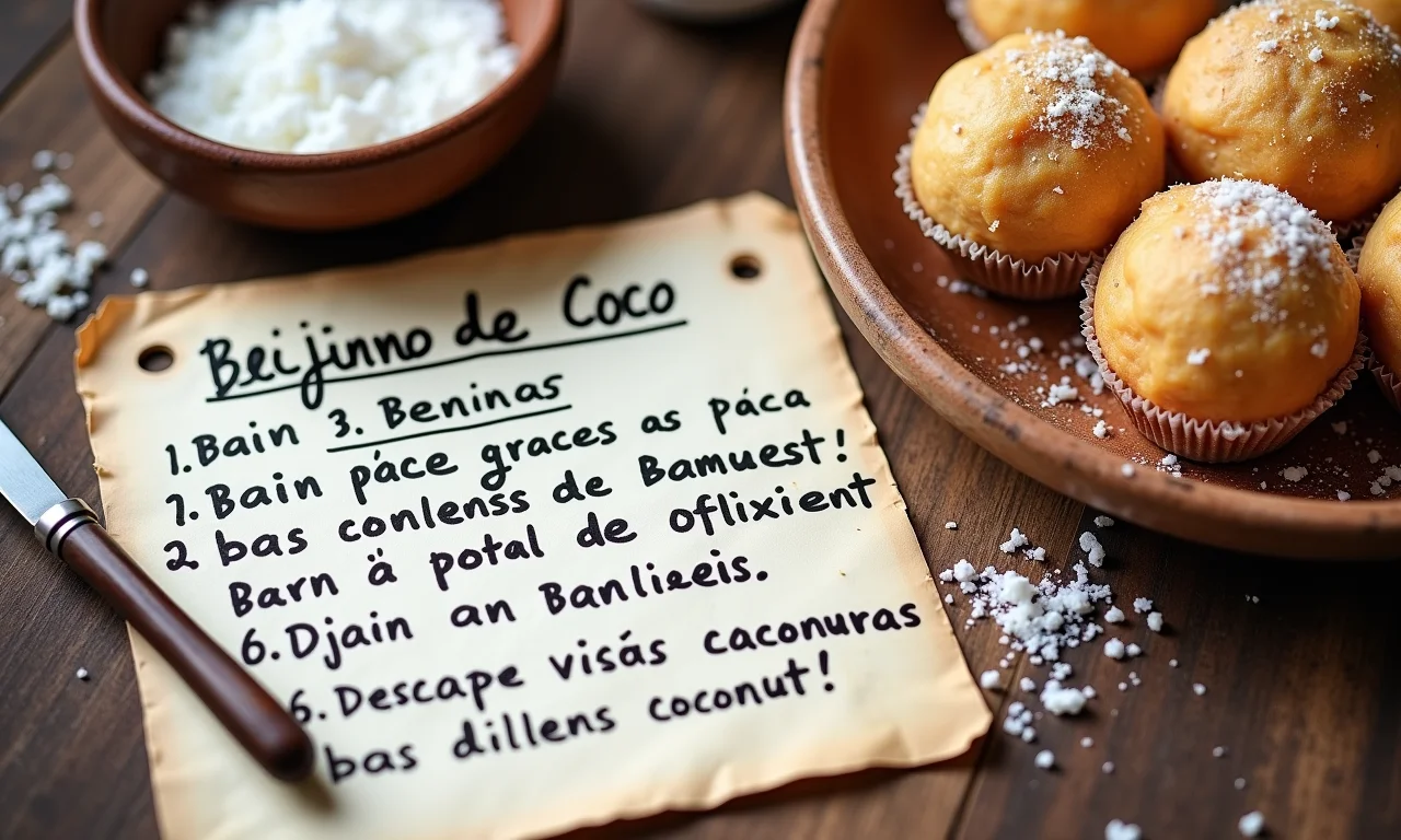 Receita antiga de beijinho de coco com ingredientes.