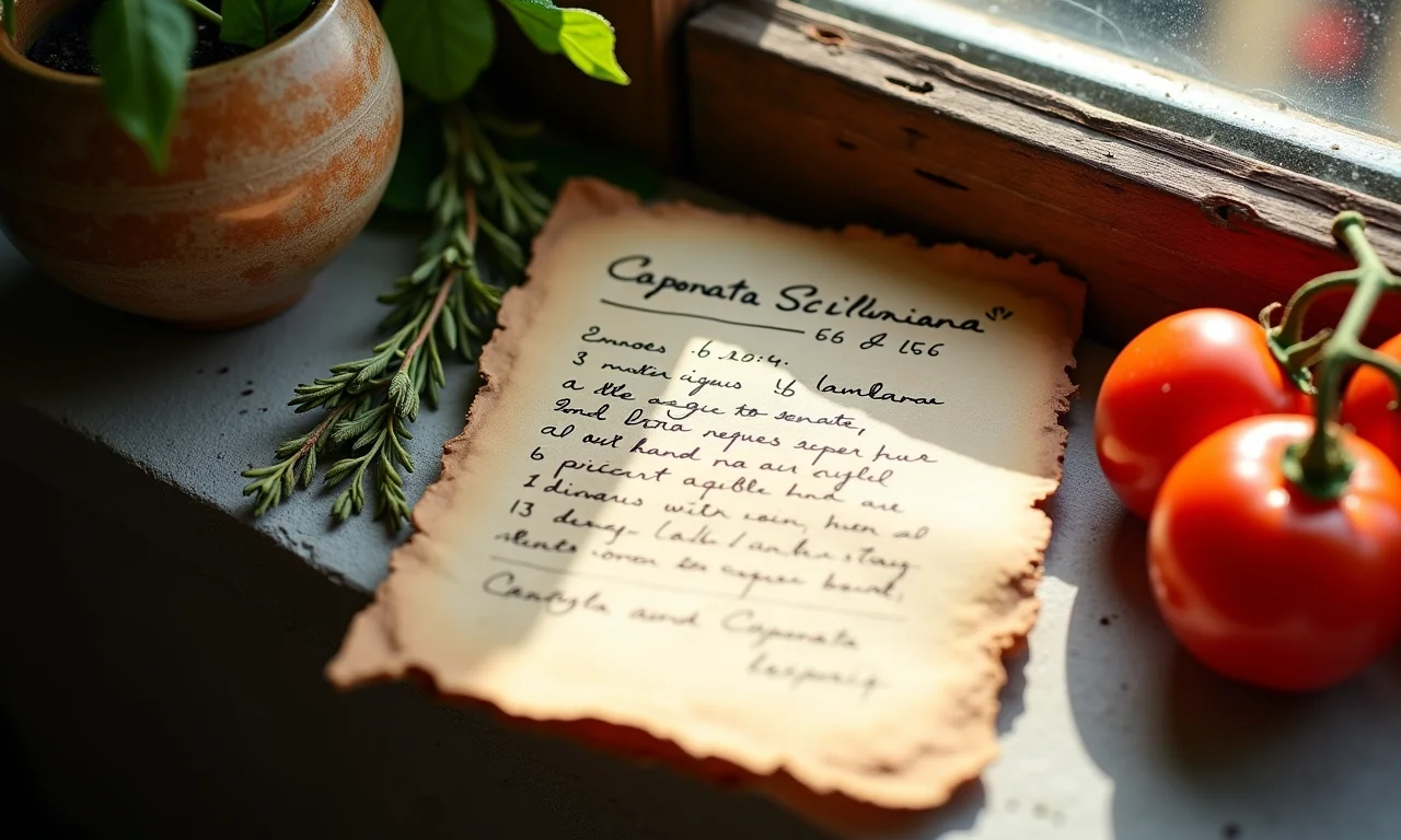 Receita de caponata siciliana escrita à mão em cartão amarelado.