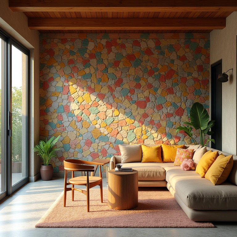 Recycled material wall, colorful mosaic, Brazilian home, natural light, sustainable decor, Revestimento com materiais reciclados em muro de casa brasileira.
