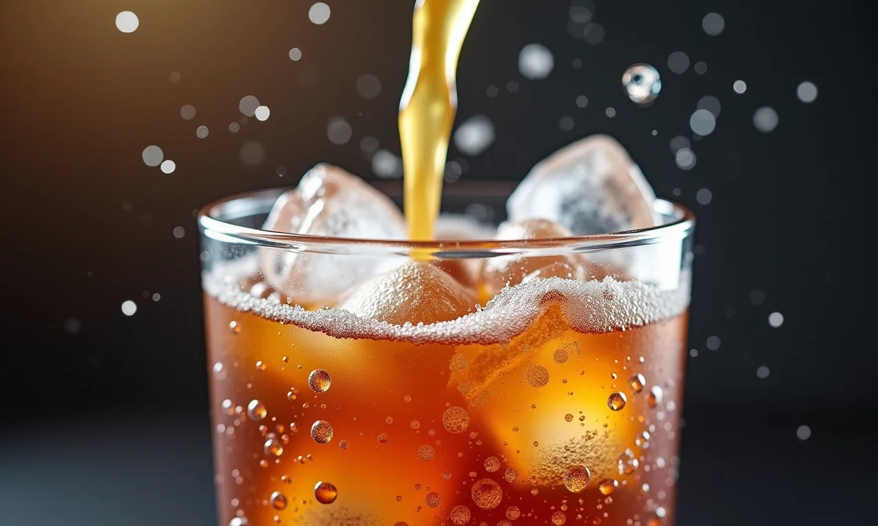 Refrigerante sendo servido em um copo com gelo, close-up.