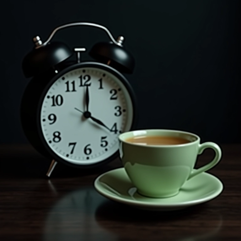 Relógio ao lado de uma xícara de chá verde, conceito de insônia, fundo escuro.