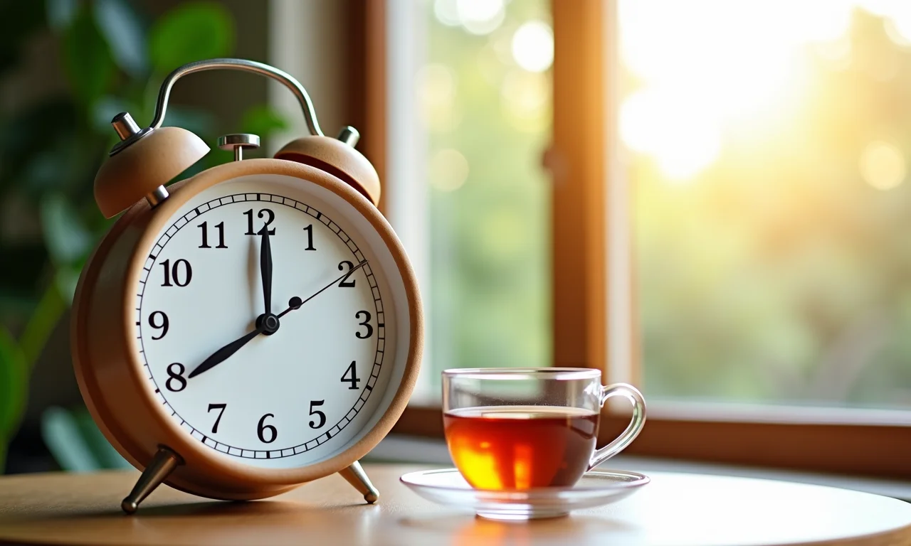 Relógio mostrando diferentes horários com chá de folha de amora.