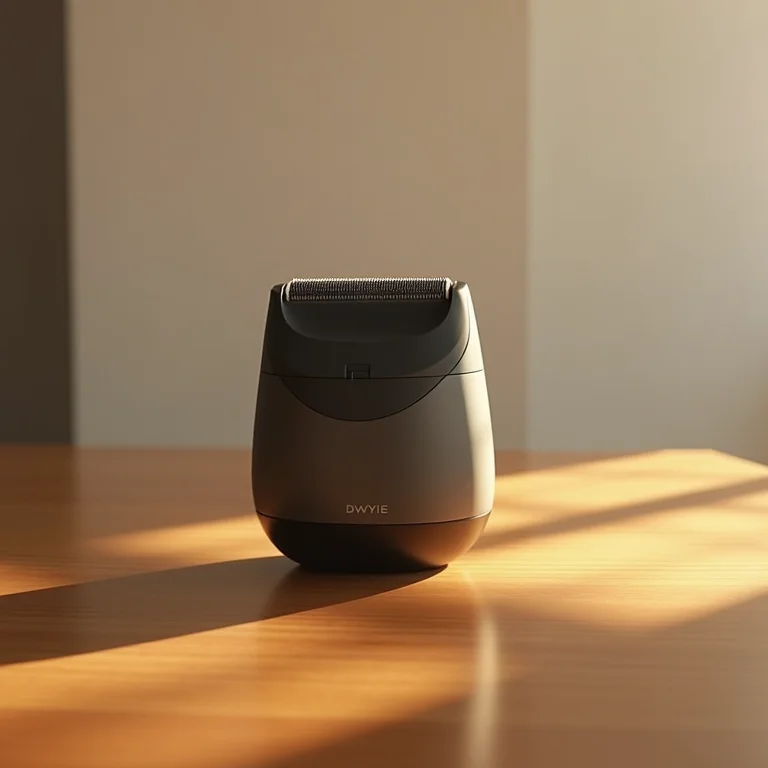 Removedor de pilling elétrico sobre uma mesa de madeira.