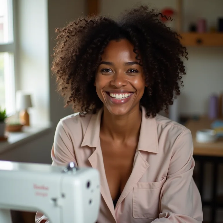Retrato de uma costureira experiente sorrindo em seu ateliê.