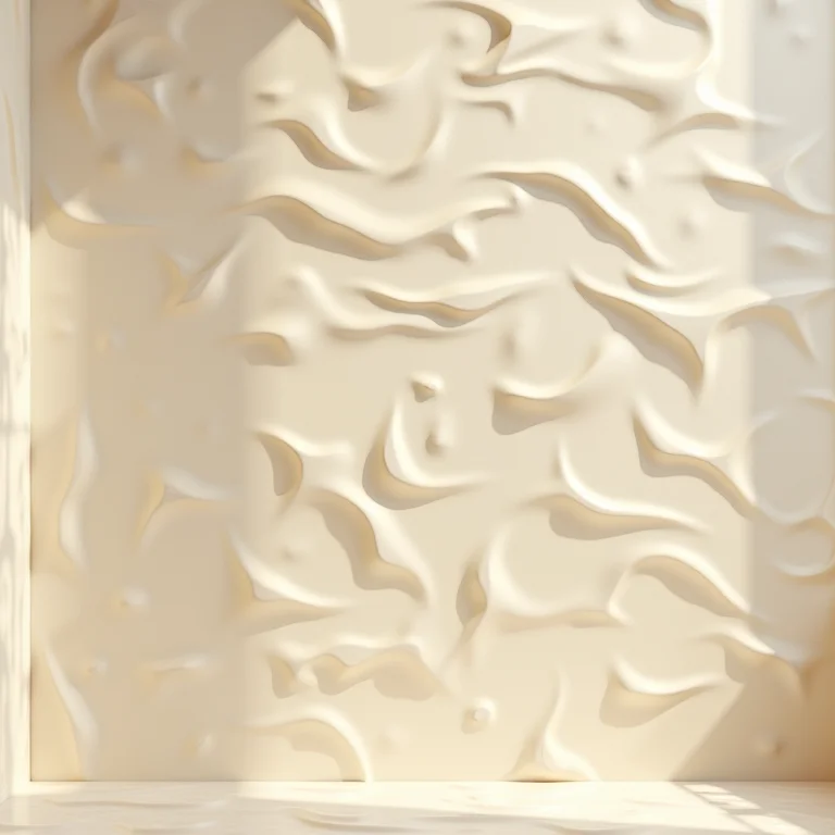 Revestimento 3D com ondas suaves em banheiro bege.