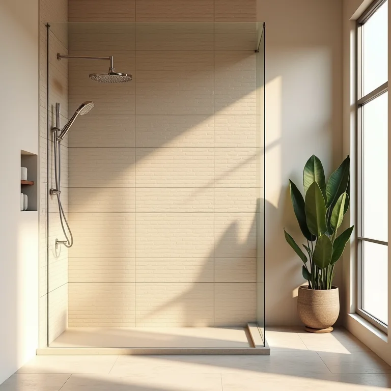 Revestimento 3D com tijolinhos em banheiro bege.